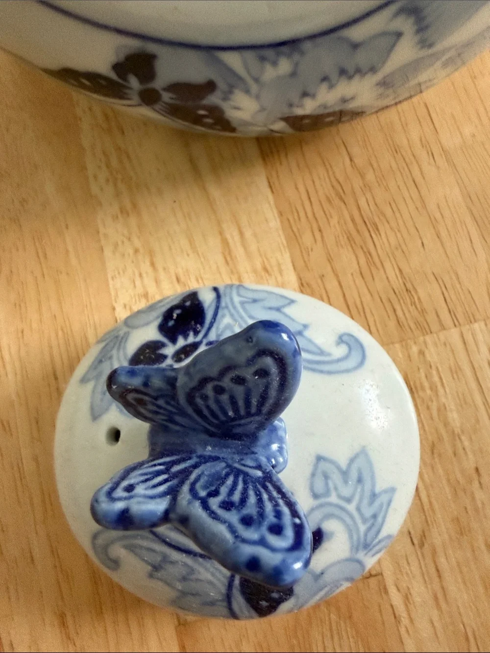 Pier 1 Imports Blue and White Ceramic Teapot with Butterfly Motif